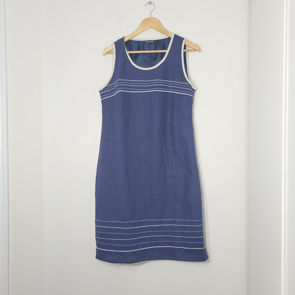 E And Lisa Navy Blue Cotton Linen Blend Zip Side Sleeveless Scoop Neck Dress 5